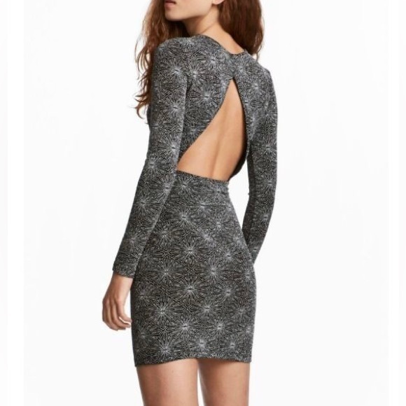 H&M Sparkly Bodycon Backless Jersey Dress Black Silver Geometric - Picture 14 of 14
